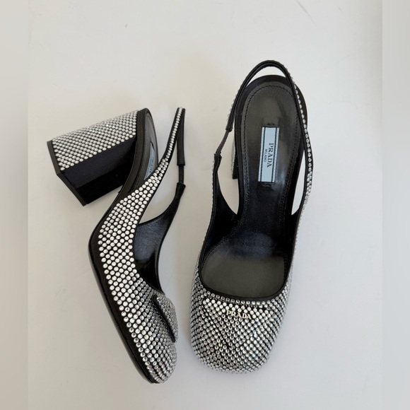 PradaBlack Satin Leather Jewel embellished Triangle logo slingback pumps EU 39 - Picture 3 of 14